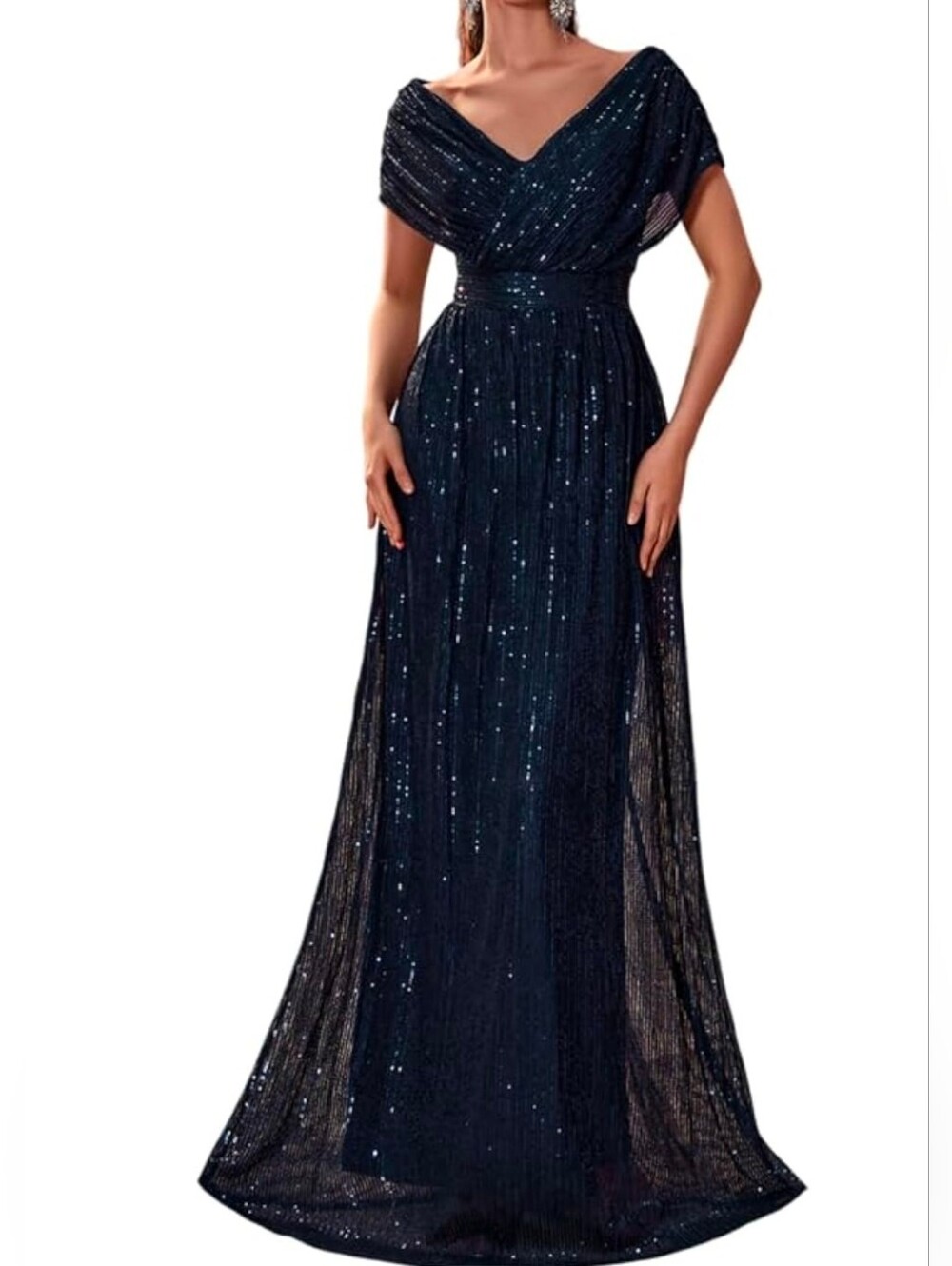 Women's Sequin V-Neck Short Sleeve A- Line Evening Dress